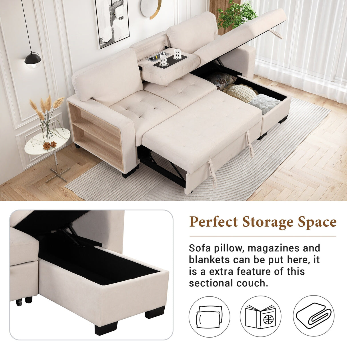 Living Room Recliner Sofa with Pull Out Bed, L-shaped Sectional Sleeper Sofa Bed with USB Charger and Metal Cup Holder