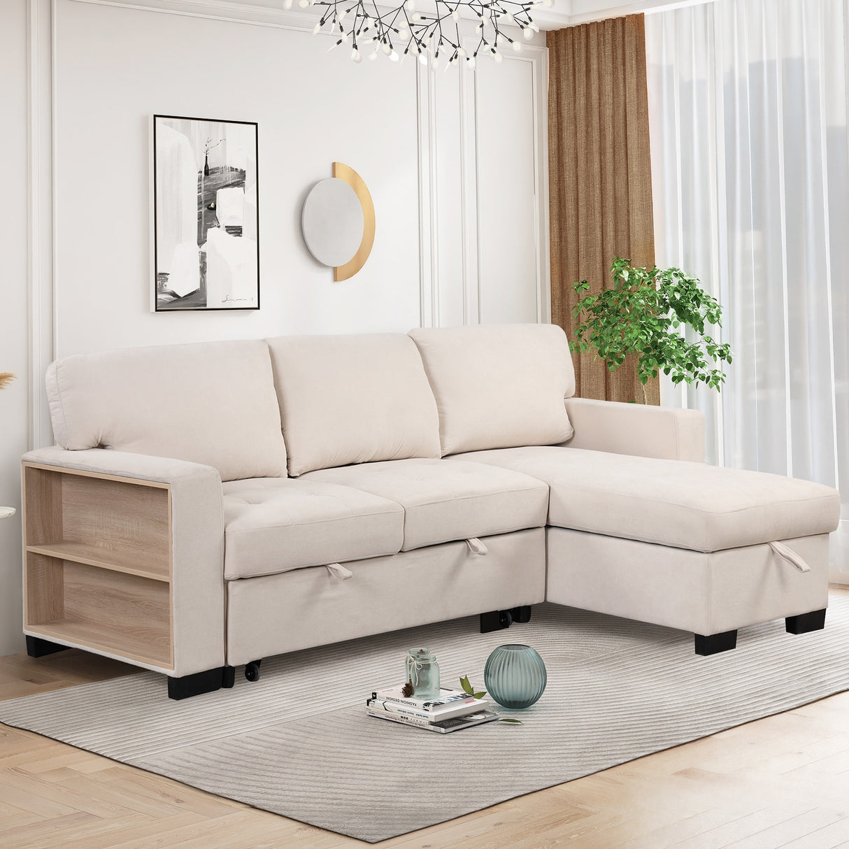 Living Room Recliner Sofa with Pull Out Bed, L-shaped Sectional Sleeper Sofa Bed with USB Charger and Metal Cup Holder