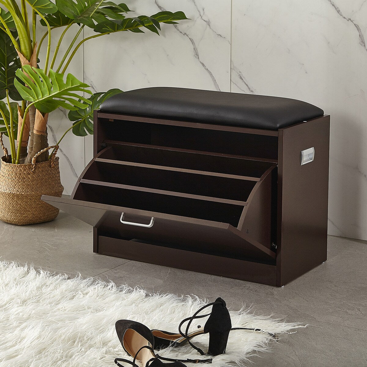Living Room Shoe Bench Wwith PU Seat Small Size Shoe Cabinet