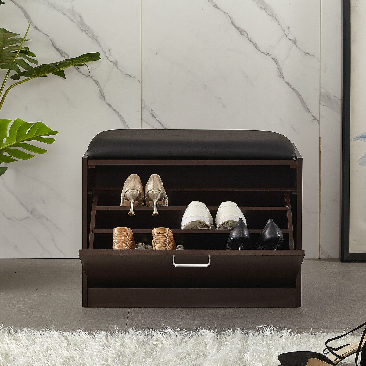 Living Room Shoe Bench Wwith PU Seat Small Size Shoe Cabinet