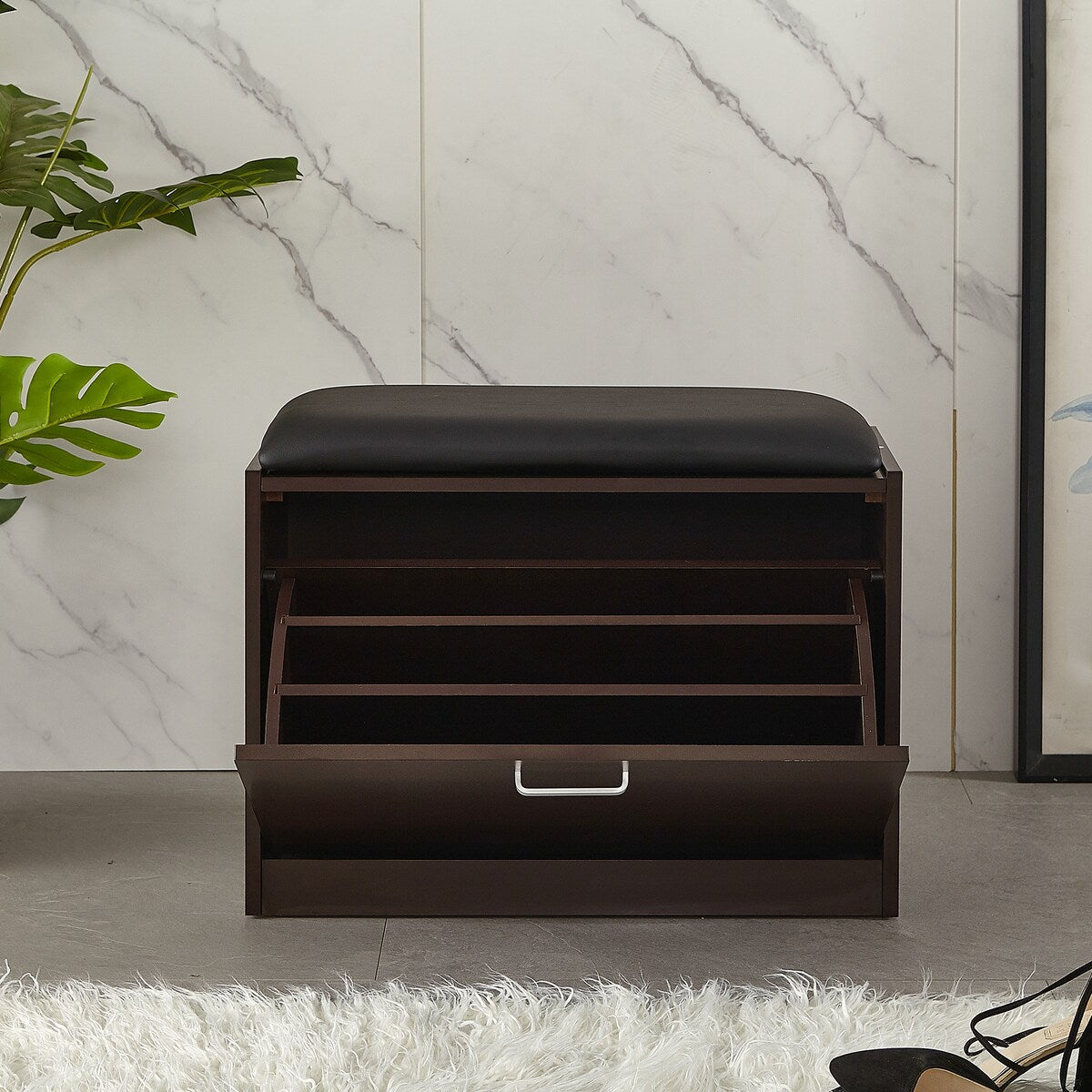 Living Room Shoe Bench Wwith PU Seat Small Size Shoe Cabinet