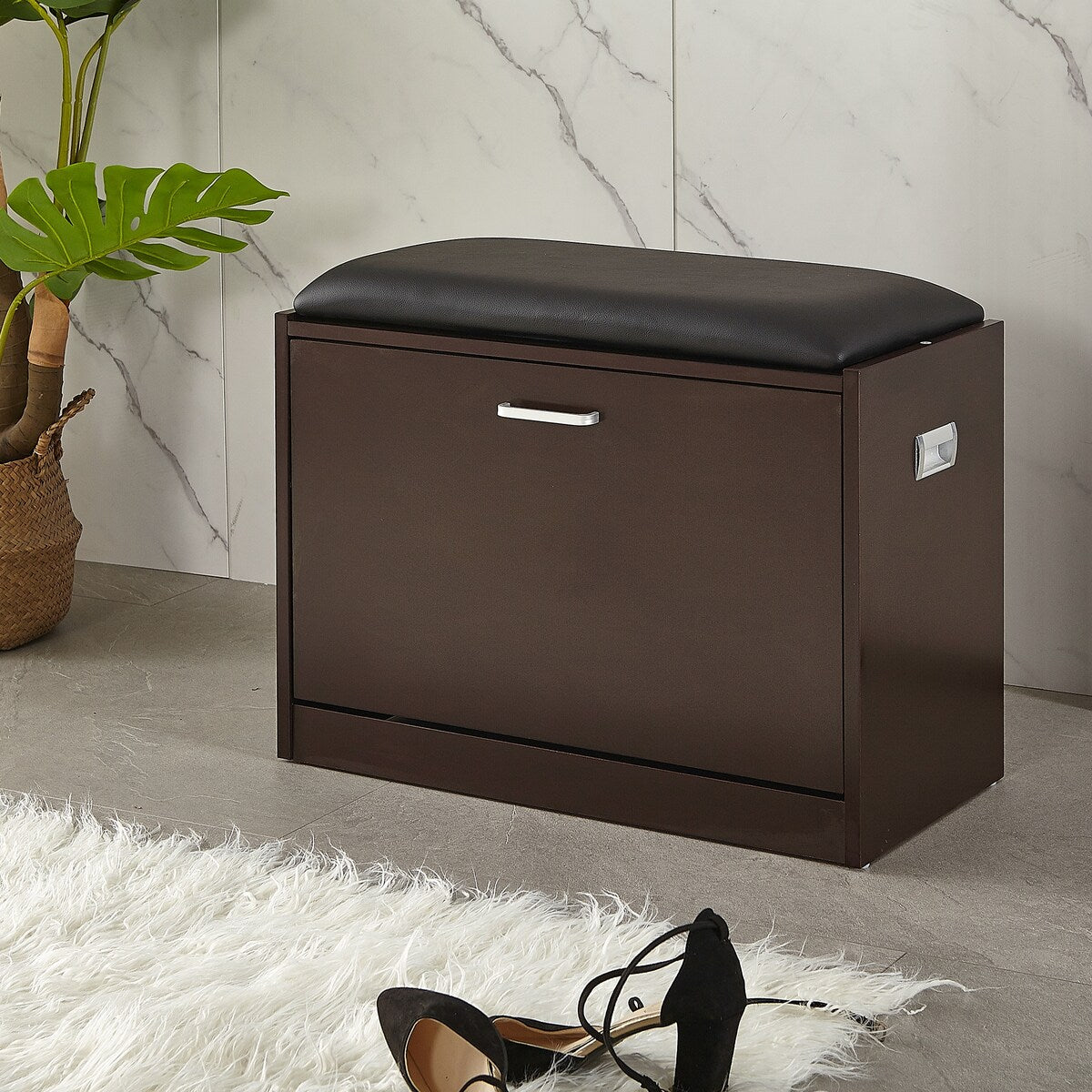 Living Room Shoe Bench Wwith PU Seat Small Size Shoe Cabinet