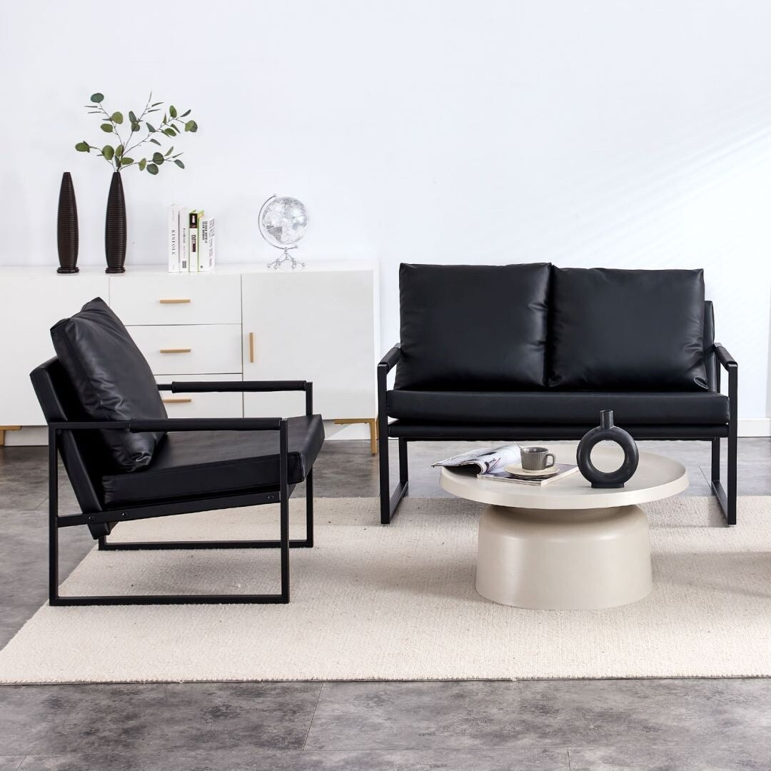 Living Room Sofa Set 1 Double and 1 Single Soft PU Cushion Metal Frame