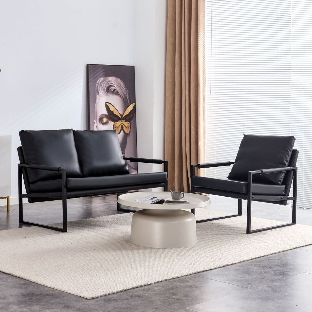 Living Room Sofa Set 1 Double and 1 Single Soft PU Cushion Metal Frame