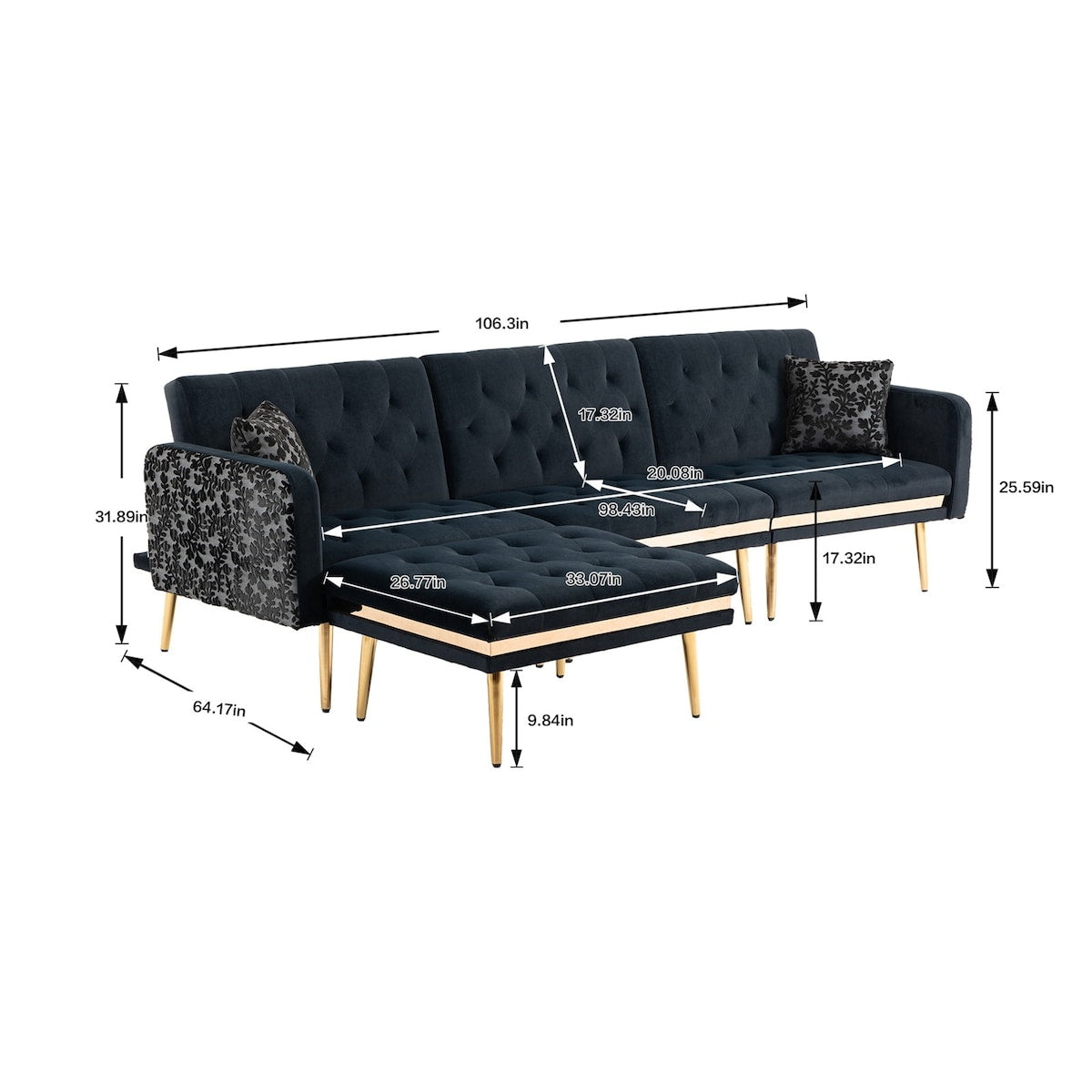 Living Room Sofa Set Modern Accent Sectional Sofa Upholstered Convertible Sofa Sleeper Bed Couch with Split Back & Metal Legs