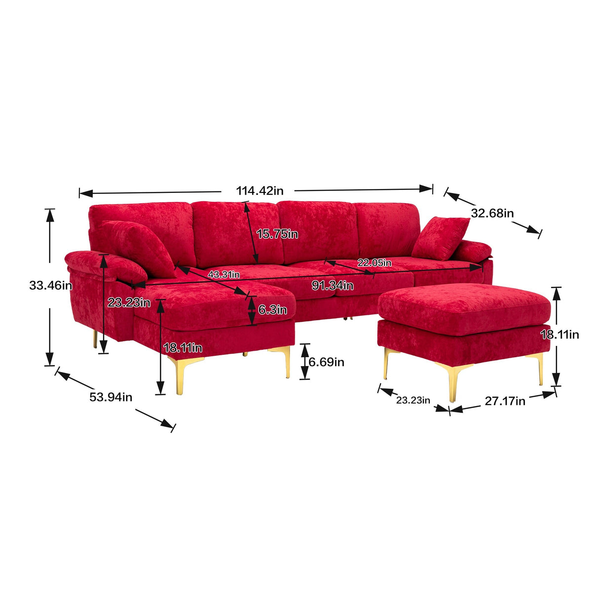 Living Room U-shape Sectional Sleeper Sofa with Chaise and Ottoman, Recliner Sofa with Removable Cushions and Pillows