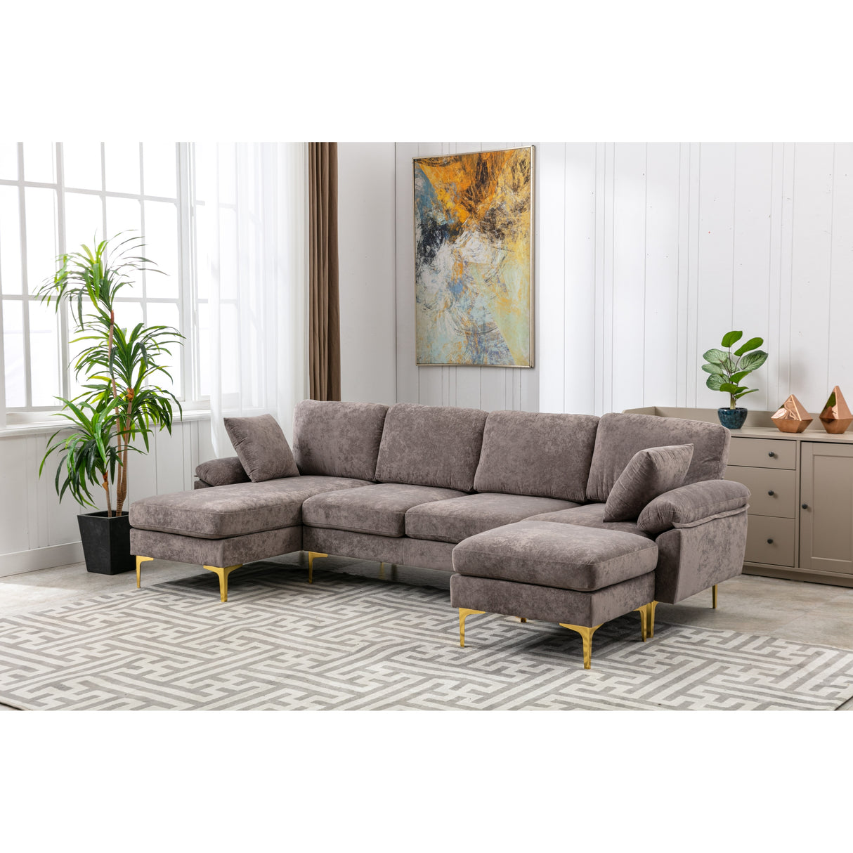 Living Room U-shape Sectional Sleeper Sofa with Chaise and Ottoman, Recliner Sofa with Removable Cushions and Pillows