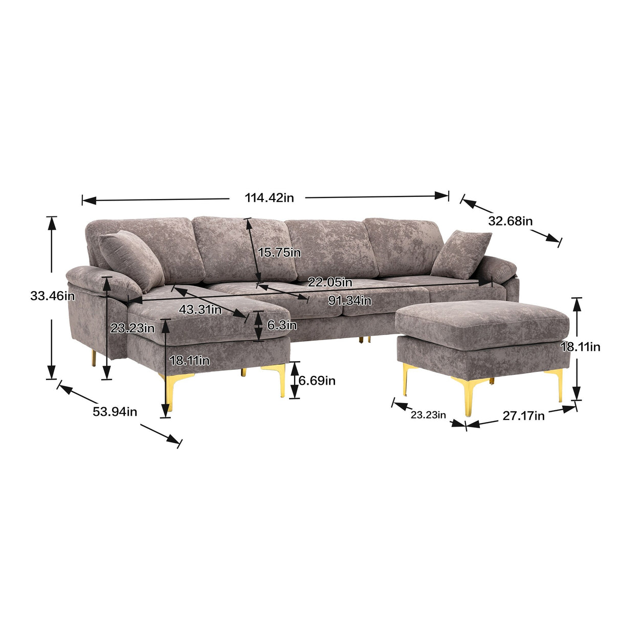 Living Room U-shape Sectional Sleeper Sofa with Chaise and Ottoman, Recliner Sofa with Removable Cushions and Pillows