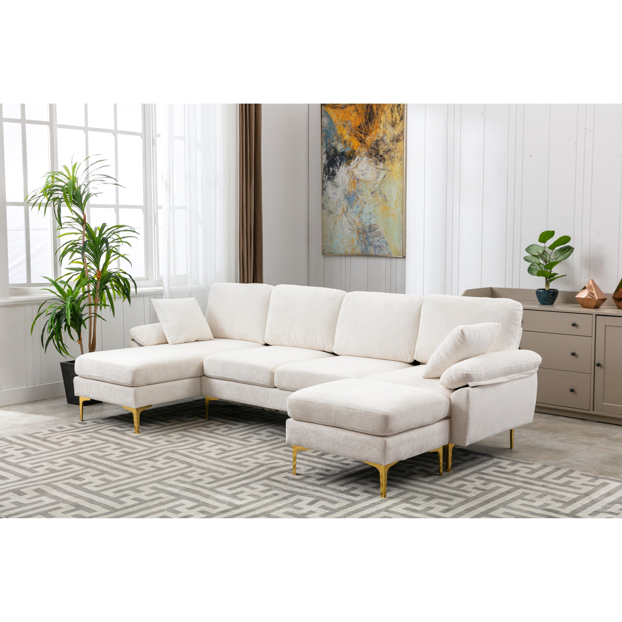 Living Room U-shape Sectional Sleeper Sofa with Chaise and Ottoman, Recliner Sofa with Removable Cushions and Pillows
