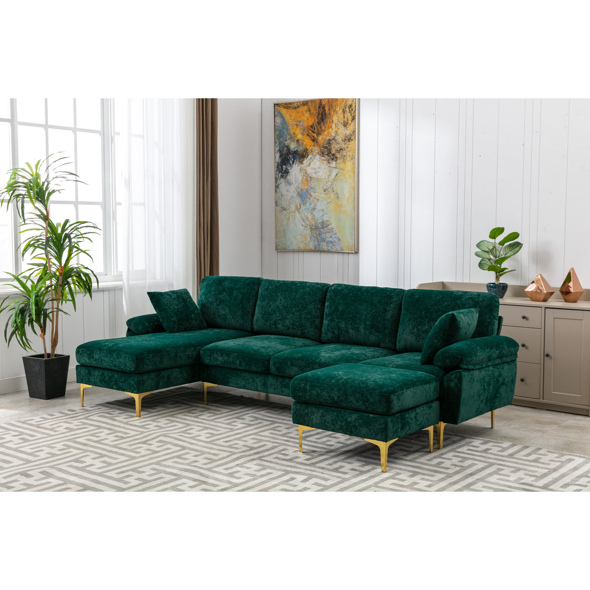 Living Room U-shape Sectional Sleeper Sofa with Chaise and Ottoman, Recliner Sofa with Removable Cushions and Pillows
