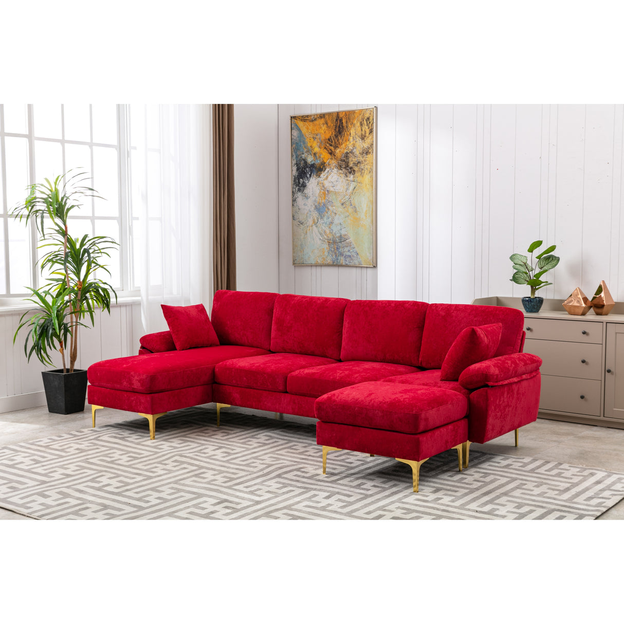 Living Room U-shape Sectional Sleeper Sofa with Chaise and Ottoman, Recliner Sofa with Removable Cushions and Pillows