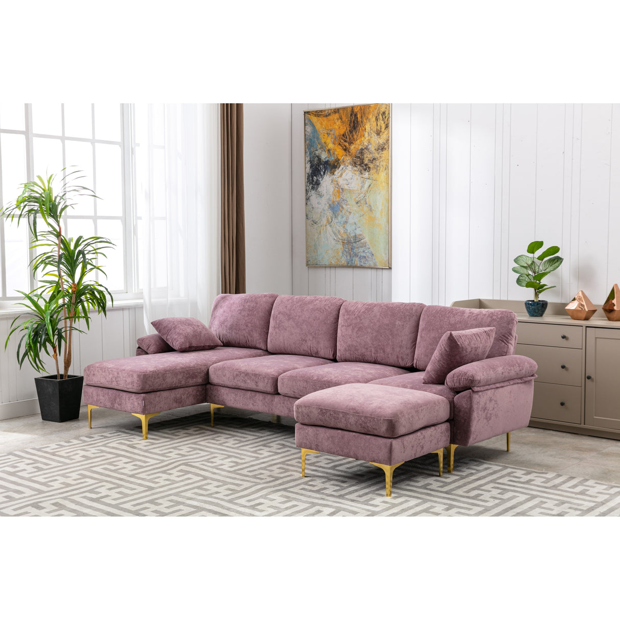 Living Room U-shape Sectional Sleeper Sofa with Chaise and Ottoman, Recliner Sofa with Removable Cushions and Pillows