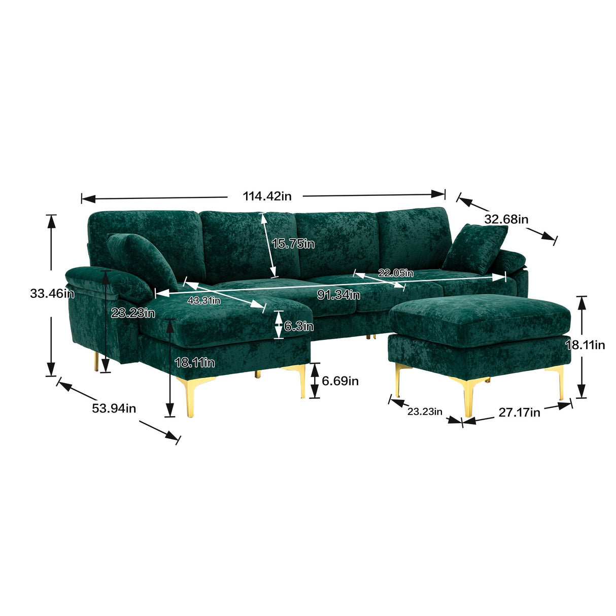 Living Room U-shape Sectional Sleeper Sofa with Chaise and Ottoman, Recliner Sofa with Removable Cushions and Pillows