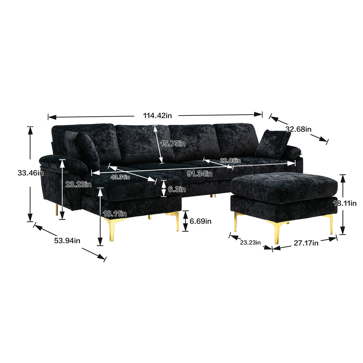 Living Room U-shape Sectional Sleeper Sofa with Chaise and Ottoman, Recliner Sofa with Removable Cushions and Pillows