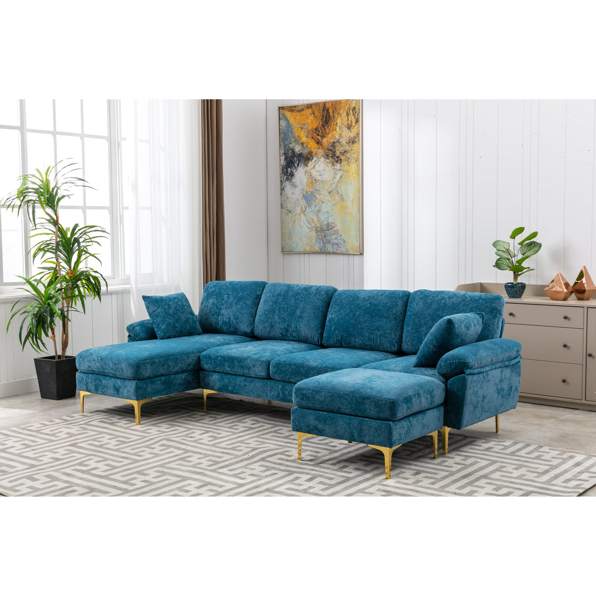 Living Room U-shape Sectional Sleeper Sofa with Chaise and Ottoman, Recliner Sofa with Removable Cushions and Pillows