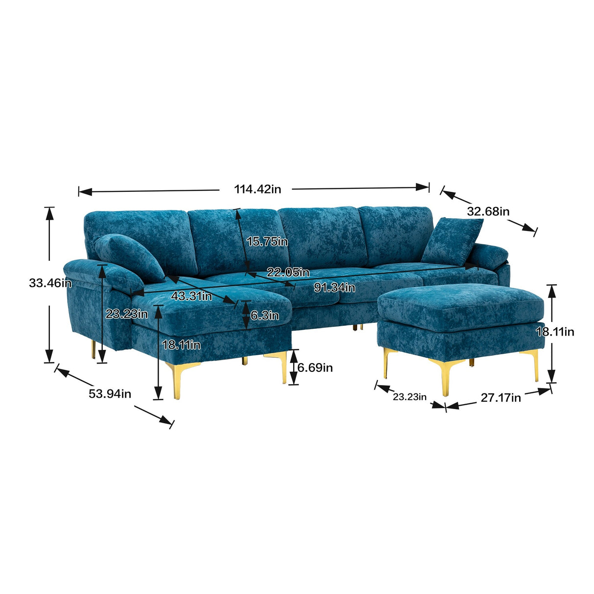 Living Room U-shape Sectional Sleeper Sofa with Chaise and Ottoman, Recliner Sofa with Removable Cushions and Pillows