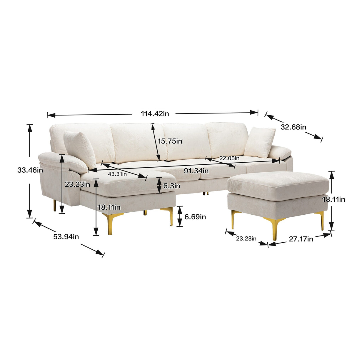 Living Room U-shape Sectional Sleeper Sofa with Chaise and Ottoman, Recliner Sofa with Removable Cushions and Pillows
