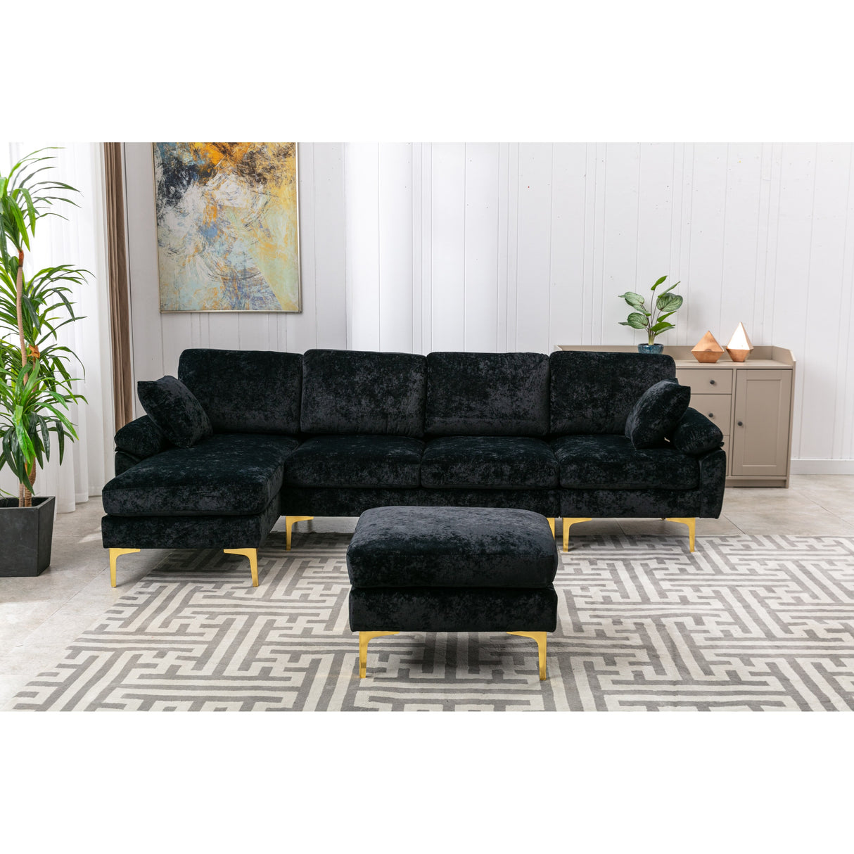 Living Room U-shape Sectional Sleeper Sofa with Chaise and Ottoman, Recliner Sofa with Removable Cushions and Pillows