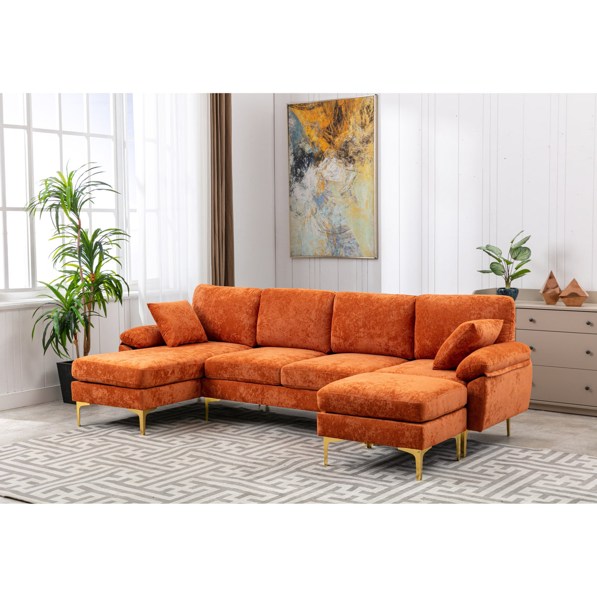 Living Room U-shape Sectional Sleeper Sofa with Chaise and Ottoman, Recliner Sofa with Removable Cushions and Pillows