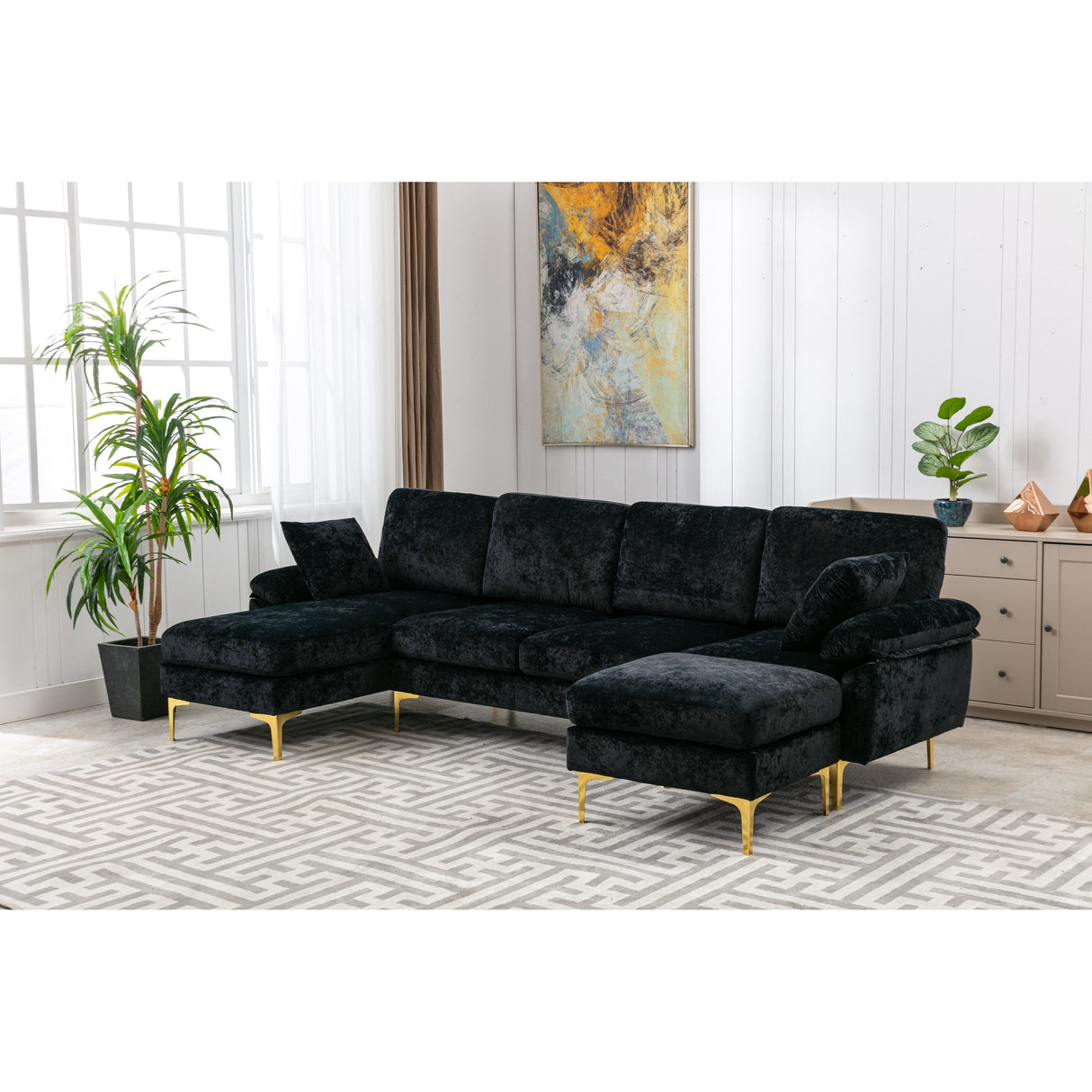 Living Room U-shape Sectional Sleeper Sofa with Chaise and Ottoman, Recliner Sofa with Removable Cushions and Pillows