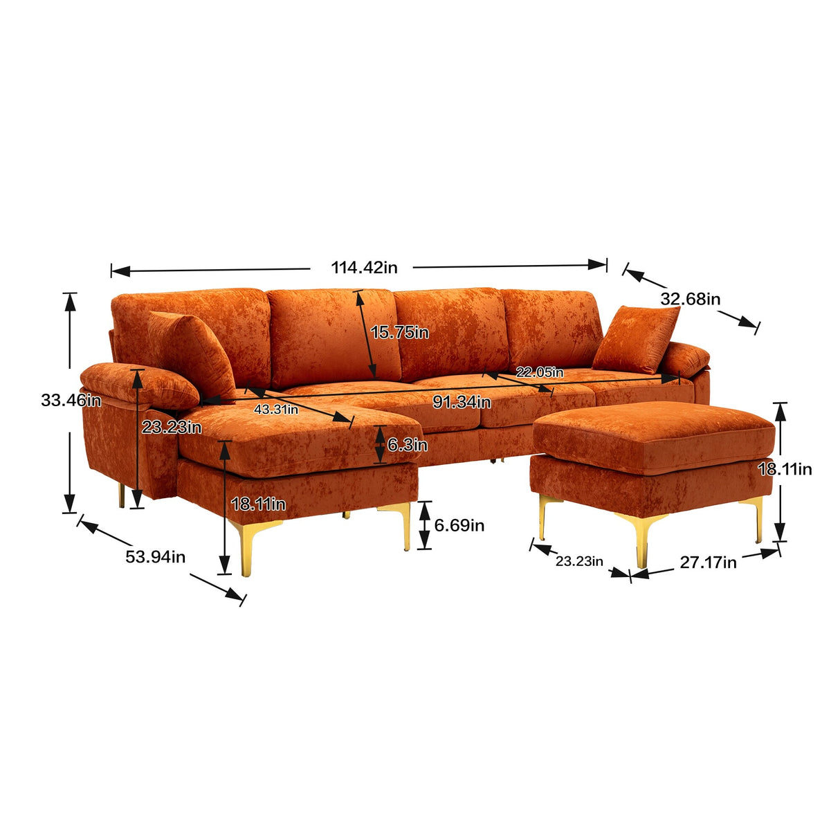 Living Room U-shape Sectional Sleeper Sofa with Chaise and Ottoman, Recliner Sofa with Removable Cushions and Pillows