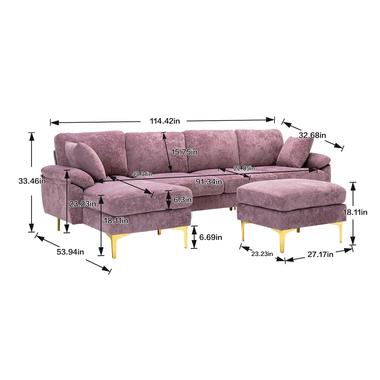 Living Room U-shape Sectional Sleeper Sofa with Chaise and Ottoman, Recliner Sofa with Removable Cushions and Pillows