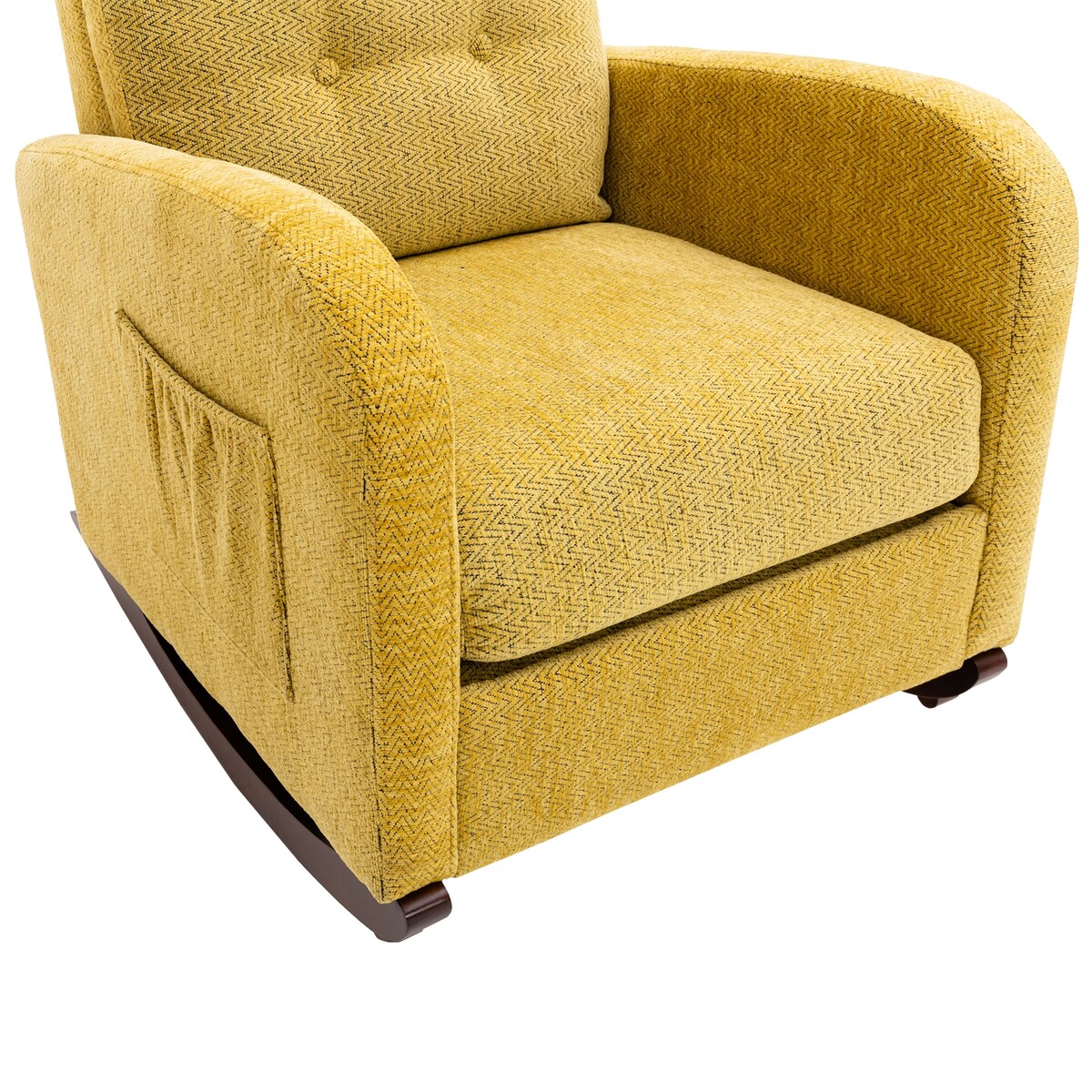 Living Room Velvet Fabric Padded Rocking Chair High Back Lounge Chair & Solid Rubber Wood Legs Accent Chair with Side Pocket