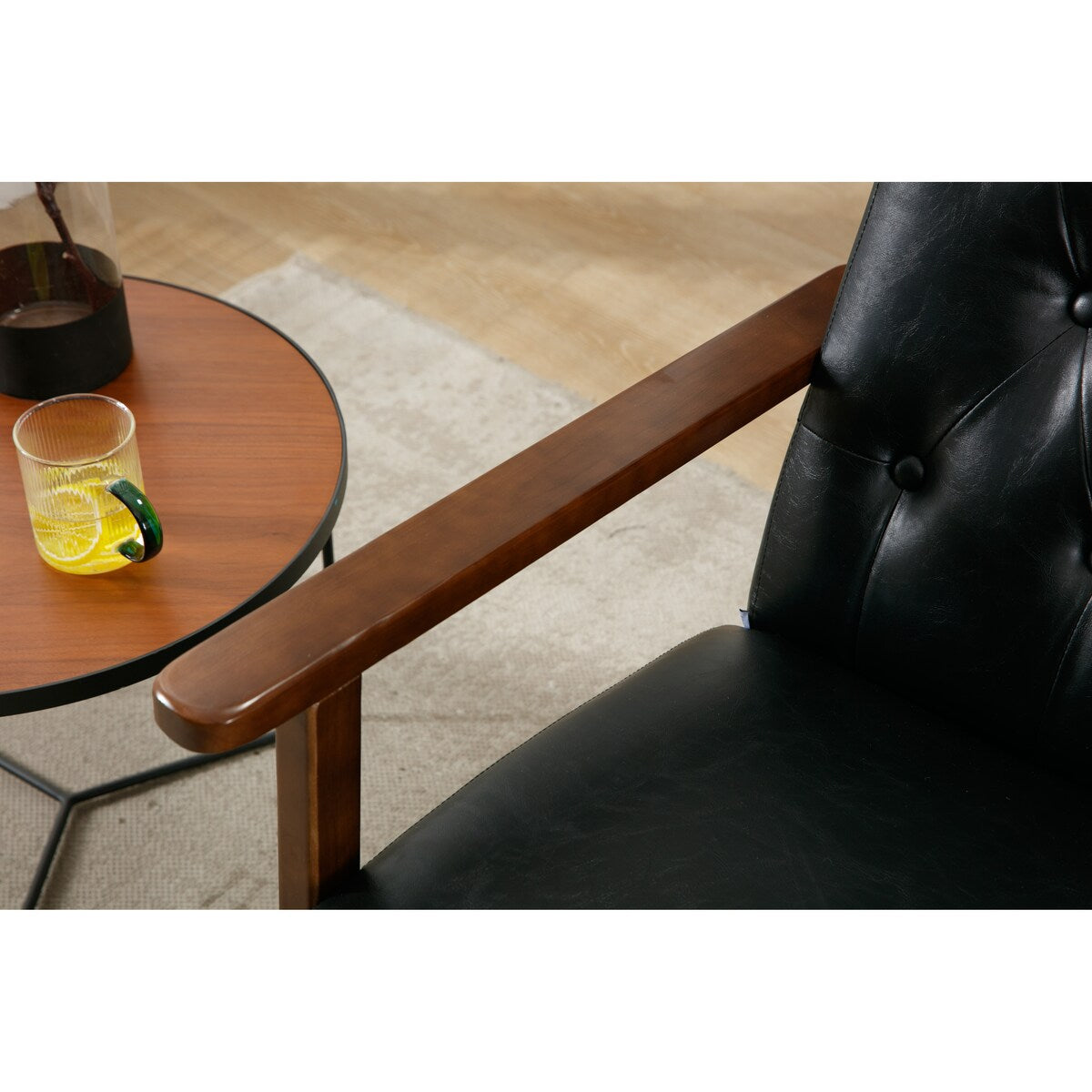 Living Room Wood Frame Accent Chair Modern Armchair Lounge Chair Sofa Removable Cushion Seat Arm Chairs for Bedroom, Black PU