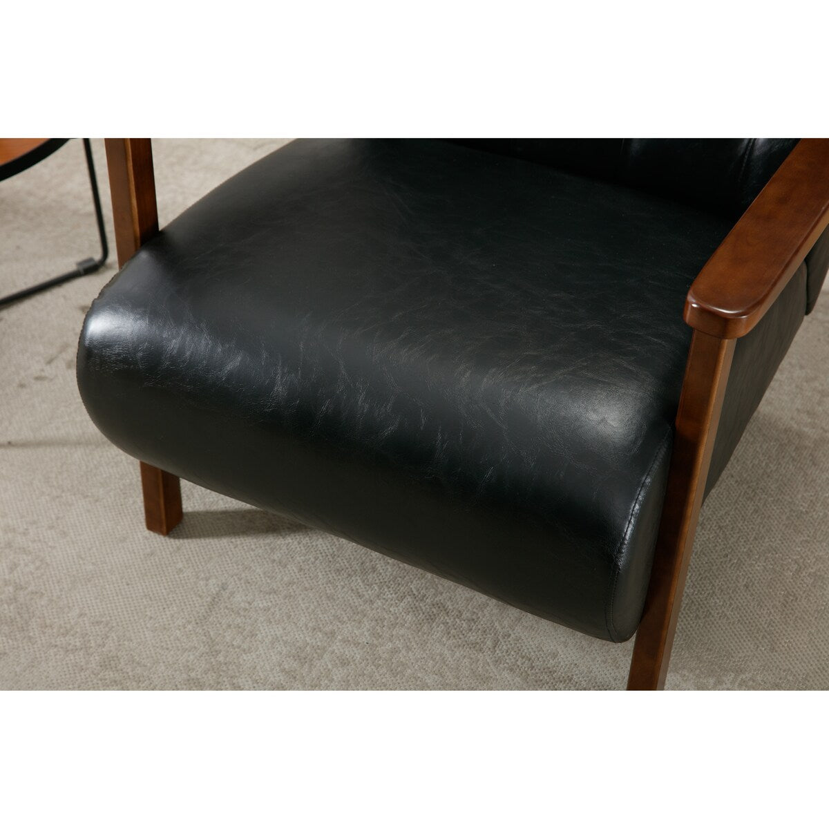 Living Room Wood Frame Accent Chair Modern Armchair Lounge Chair Sofa Removable Cushion Seat Arm Chairs for Bedroom, Black PU
