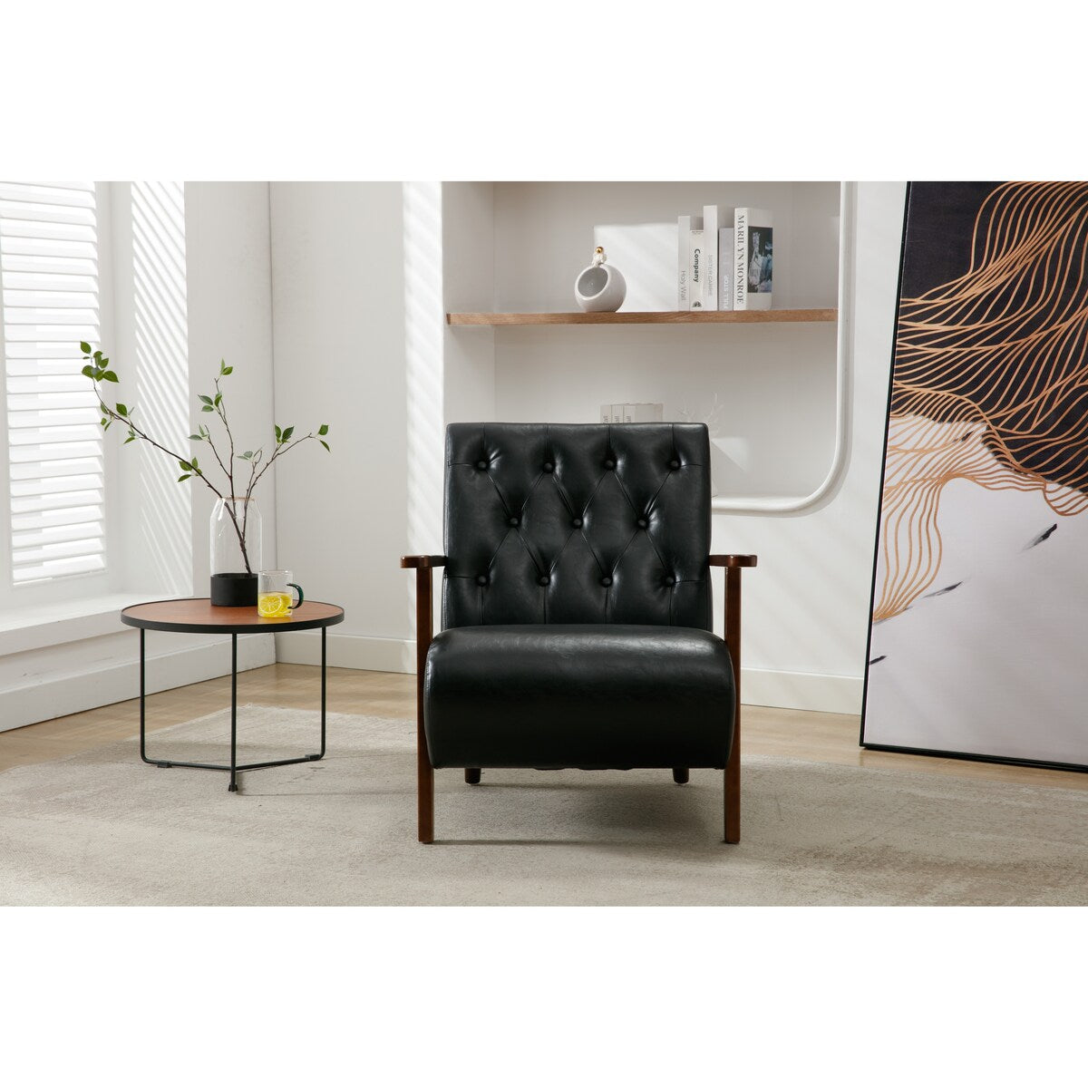 Living Room Wood Frame Accent Chair Modern Armchair Lounge Chair Sofa Removable Cushion Seat Arm Chairs for Bedroom, Black PU