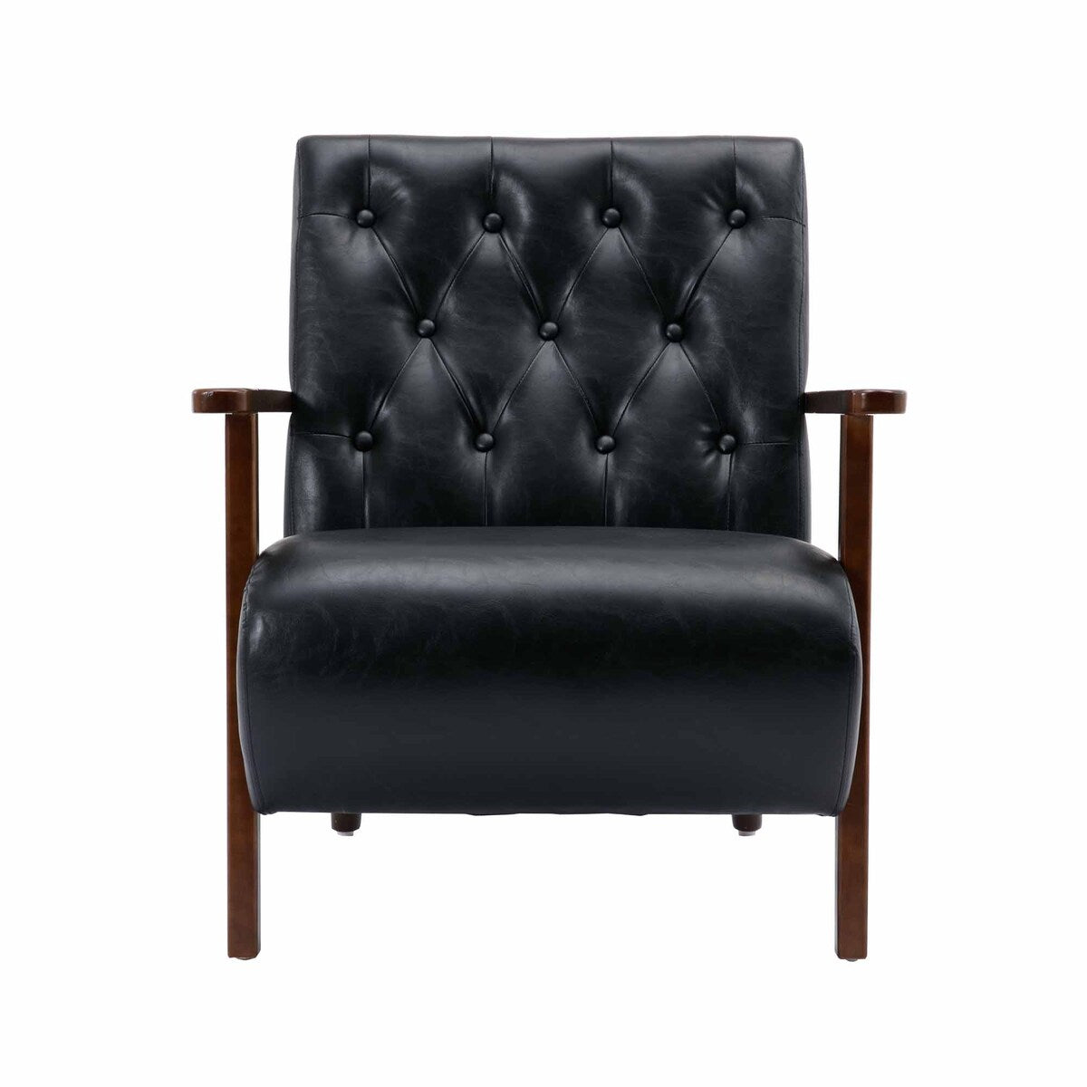 Living Room Wood Frame Accent Chair Modern Armchair Lounge Chair Sofa Removable Cushion Seat Arm Chairs for Bedroom, Black PU
