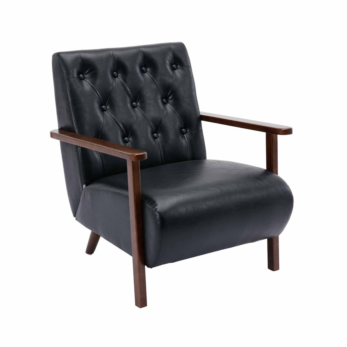 Living Room Wood Frame Accent Chair Modern Armchair Lounge Chair Sofa Removable Cushion Seat Arm Chairs for Bedroom, Black PU