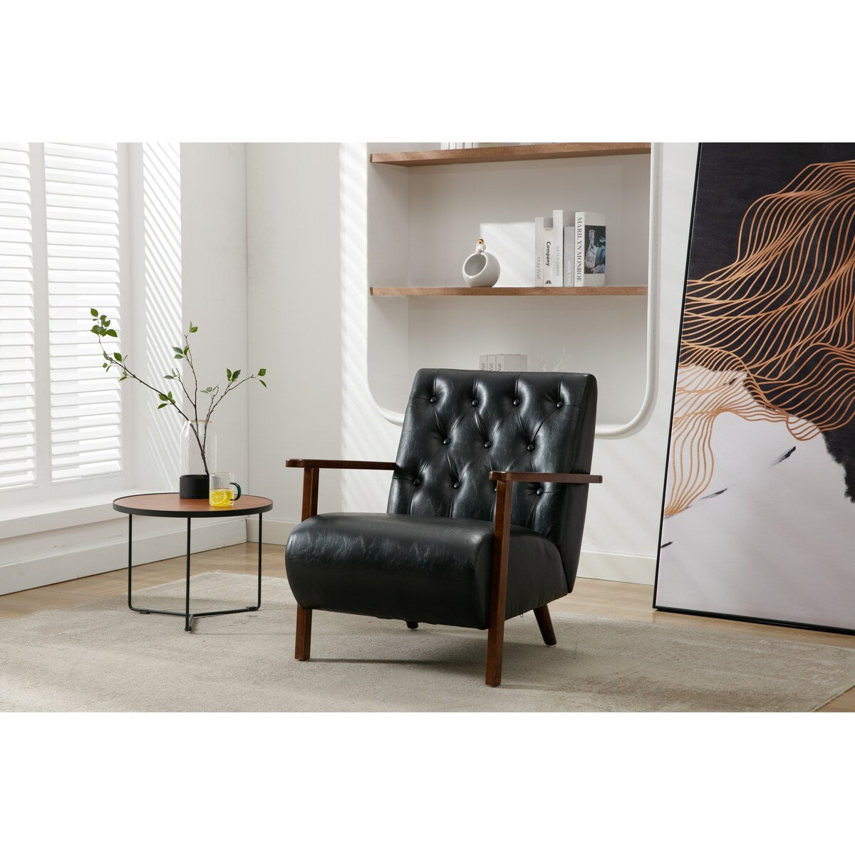 Living Room Wood Frame Accent Chair Modern Armchair Lounge Chair Sofa Removable Cushion Seat Arm Chairs for Bedroom, Black PU