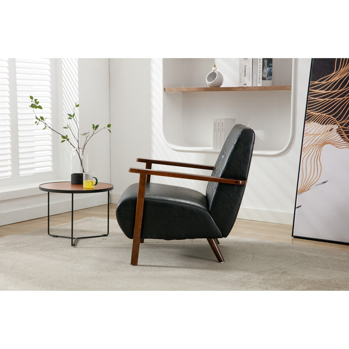 Living Room Wood Frame Accent Chair Modern Armchair Lounge Chair Sofa Removable Cushion Seat Arm Chairs for Bedroom, Black PU