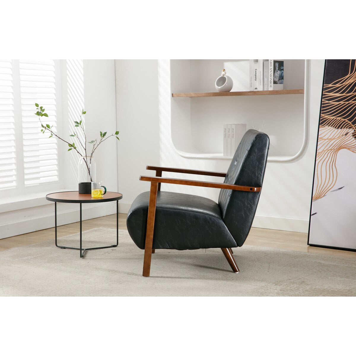 Living Room Wood Frame Accent Chair Modern Armchair Lounge Chair Sofa Removable Cushion Seat Arm Chairs for Bedroom, Black PU