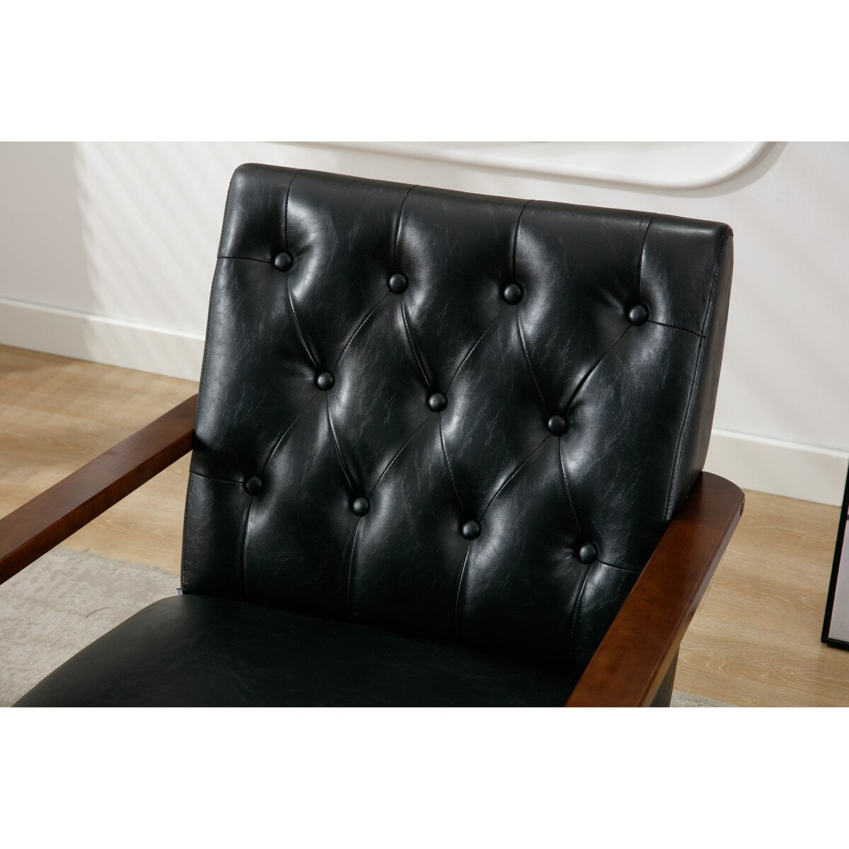 Living Room Wood Frame Accent Chair Modern Armchair Lounge Chair Sofa Removable Cushion Seat Arm Chairs for Bedroom, Black PU