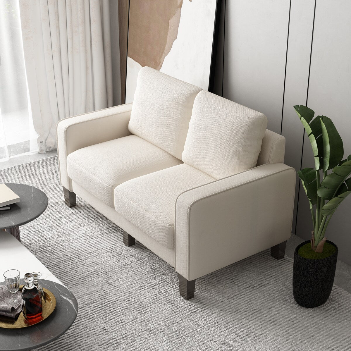 Livingroom Loveseat Fabric Upholstered 2 Seater Sofa w/ Wood Legs