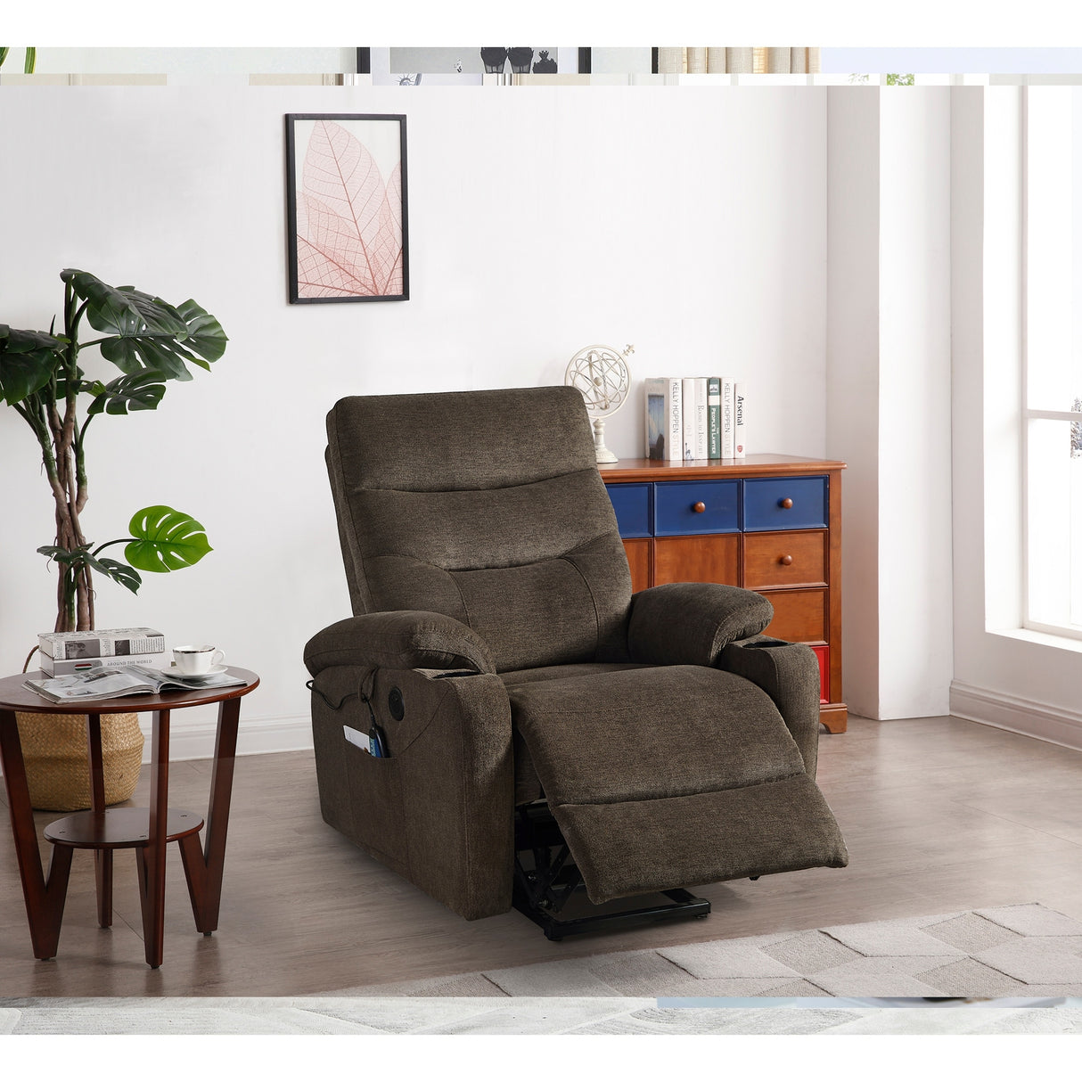 Liyasi Electric Power Lift Recliner Chair Sofa with Massage and Heat for Elderly, 3 Positions, 2 Side Pockets and Cup Holders, U
