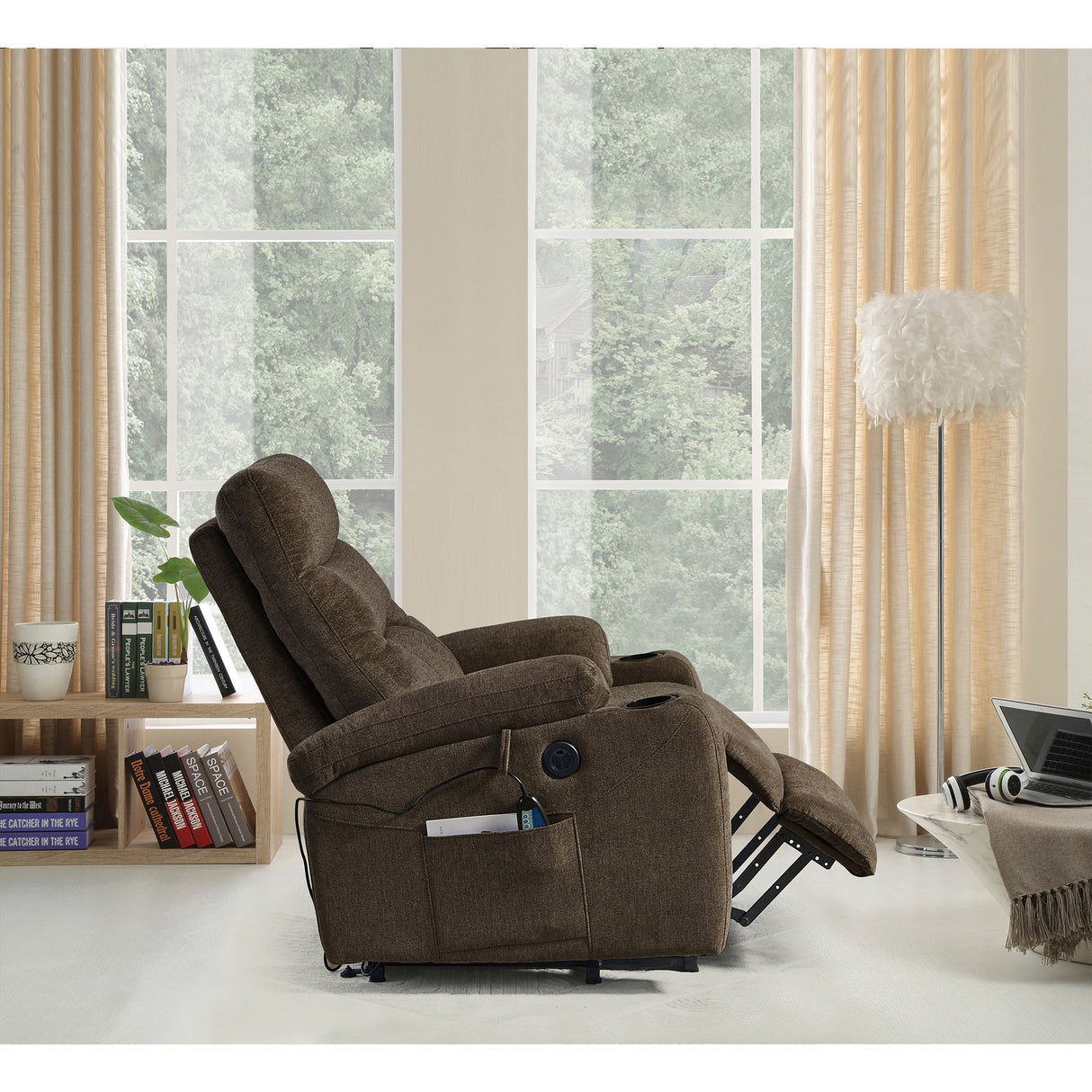 Liyasi Electric Power Lift Recliner Chair Sofa with Massage and Heat for Elderly, 3 Positions, 2 Side Pockets and Cup Holders, U