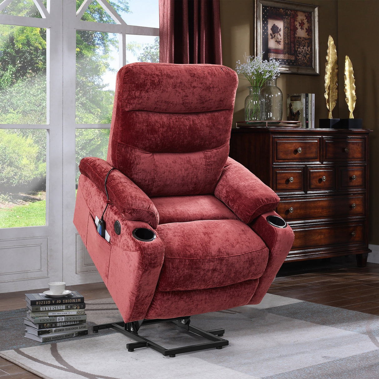 Liyasi Electric Power Lift Recliner Chair Sofa with Massage and Heat for Elderly, 3 Positions, 2 Side Pockets and Cup Holders, U