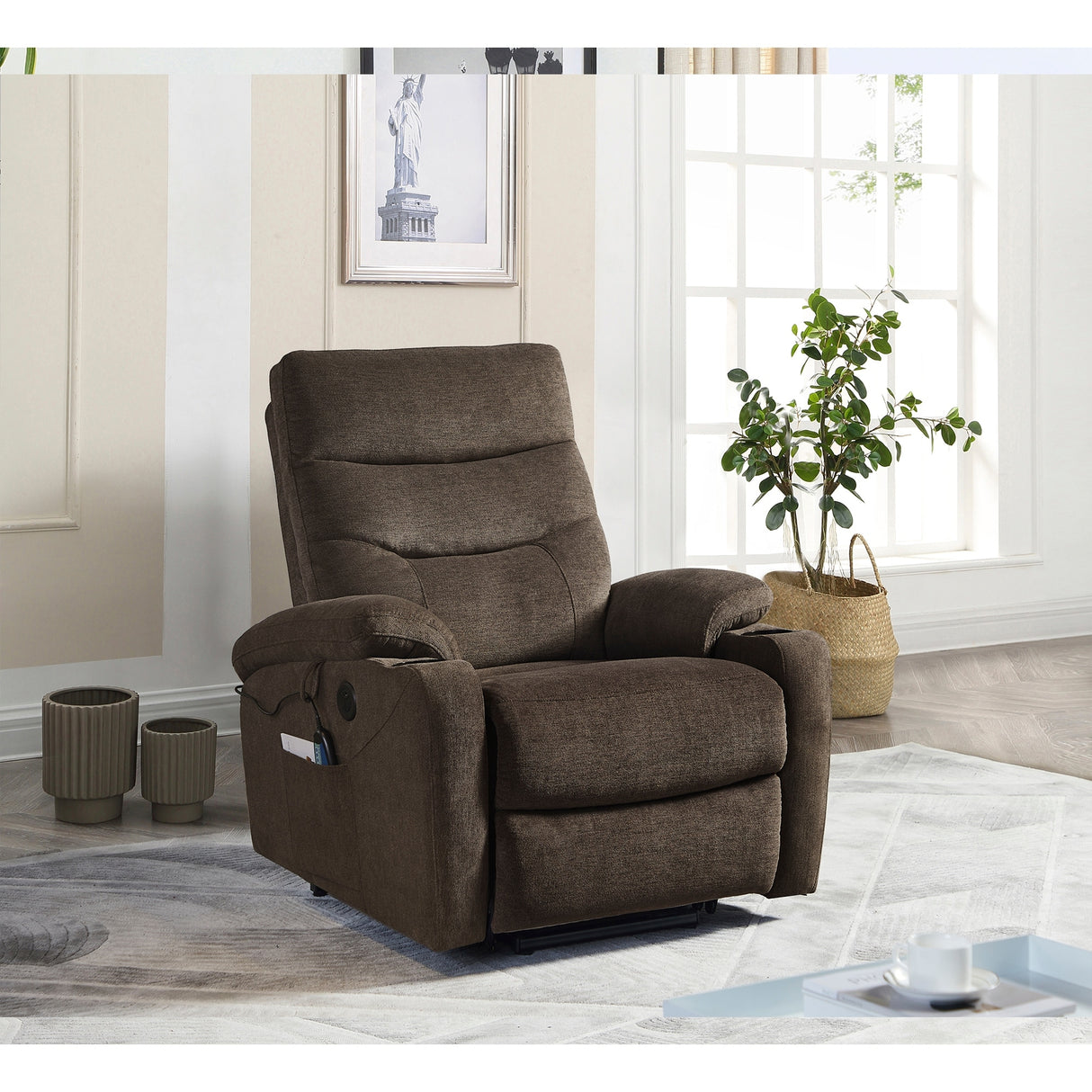 Liyasi Electric Power Lift Recliner Chair Sofa with Massage and Heat for Elderly, 3 Positions, 2 Side Pockets and Cup Holders, U