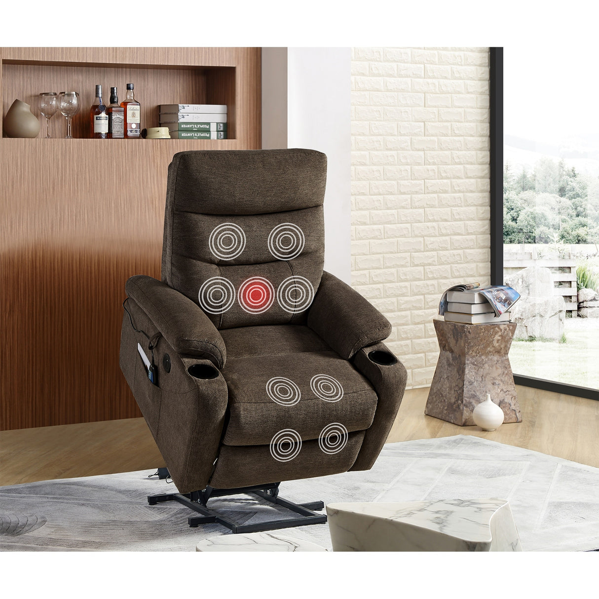 Liyasi Electric Power Lift Recliner Chair Sofa with Massage and Heat for Elderly, 3 Positions, 2 Side Pockets and Cup Holders, U