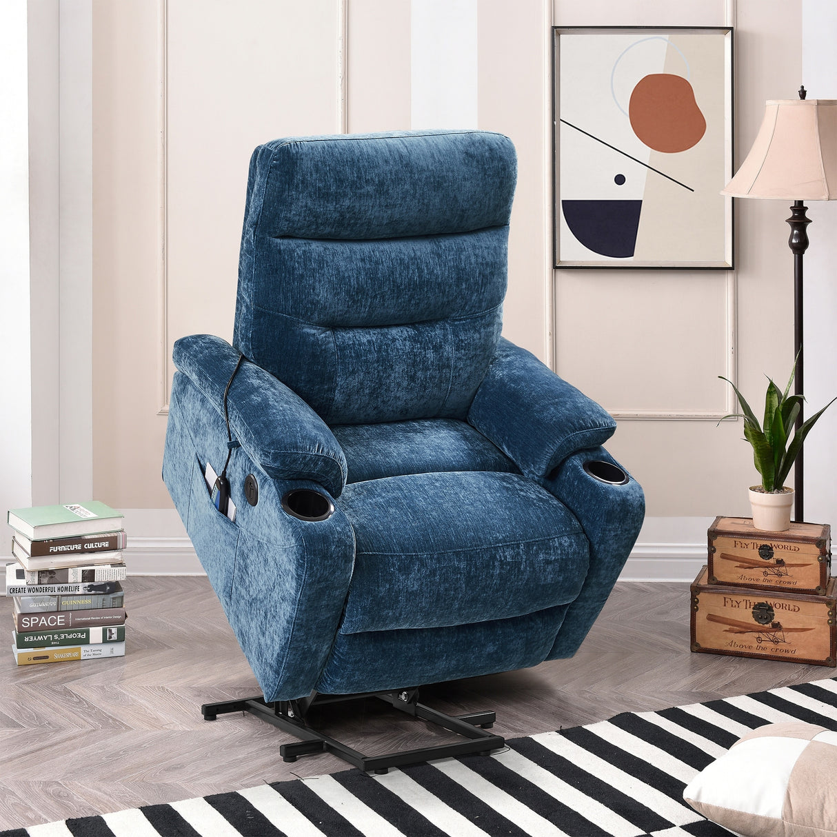 Liyasi Electric Power Lift Recliner Chair Sofa with Massage and Heat for Elderly, 3 Positions, 2 Side Pockets and Cup Holders, U