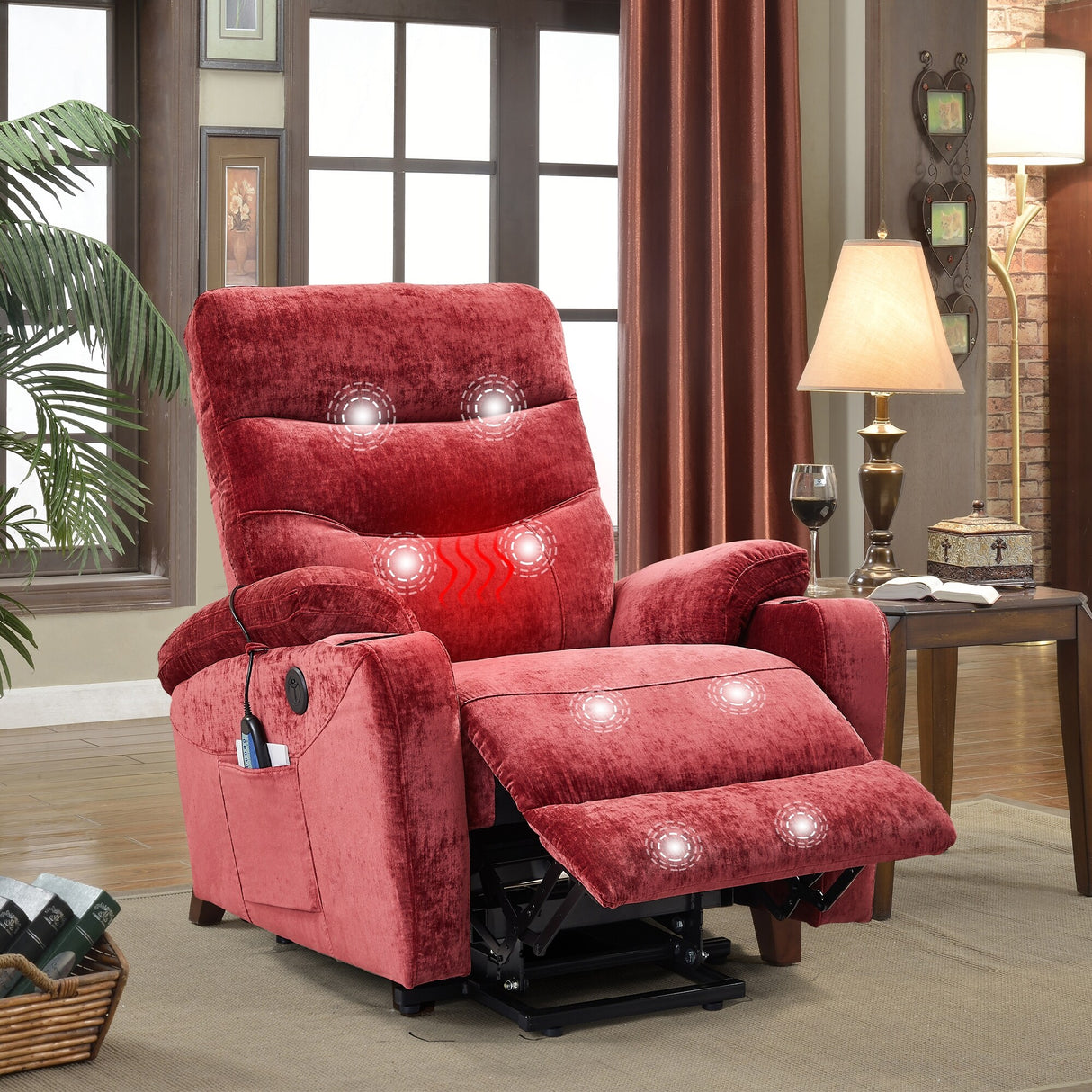 Liyasi Electric Power Lift Recliner Chair Sofa with Massage and Heat for Elderly, 3 Positions, 2 Side Pockets and Cup Holders, U