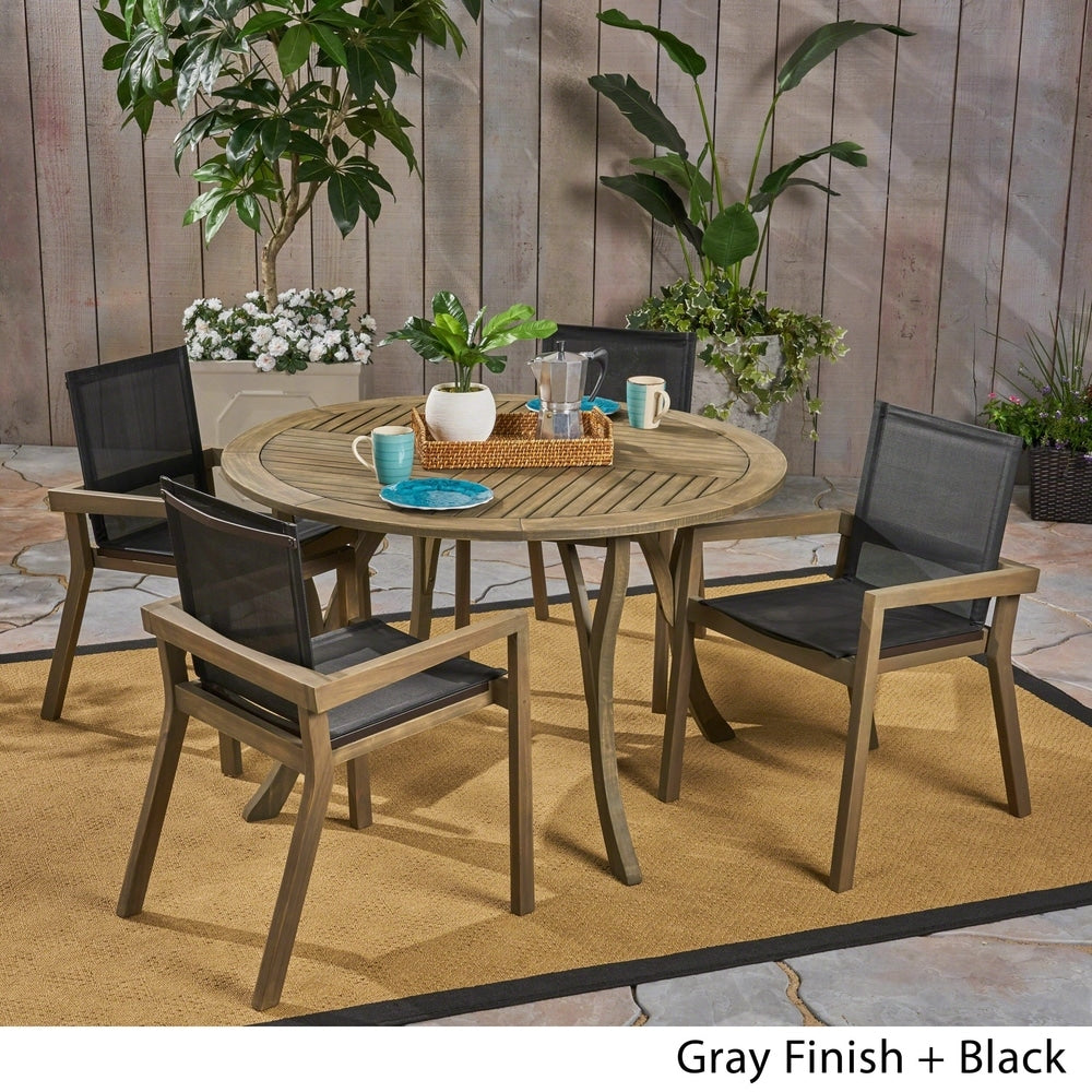 Lockett Outdoor Acacia Wood 5 Piece Round Dining Set with Mesh Seats by Christopher Knight Home