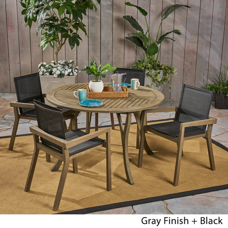 Lockett Outdoor Acacia Wood 5 Piece Round Dining Set with Mesh Seats by Christopher Knight Home