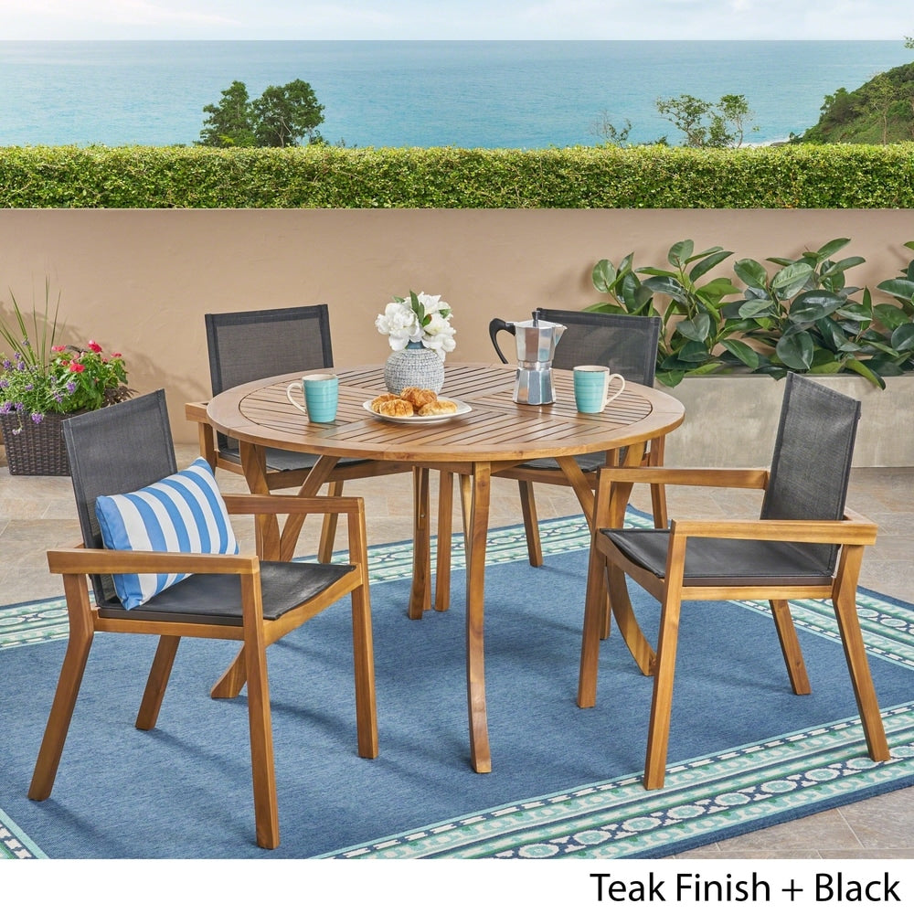Lockett Outdoor Acacia Wood 5 Piece Round Dining Set with Mesh Seats by Christopher Knight Home