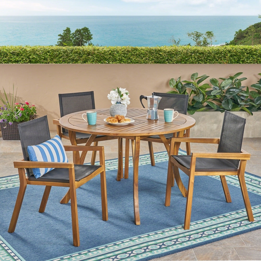 Lockett Outdoor Acacia Wood 5 Piece Round Dining Set with Mesh Seats by Christopher Knight Home