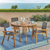Lockett Outdoor Acacia Wood 5 Piece Round Dining Set with Mesh Seats by Christopher Knight Home