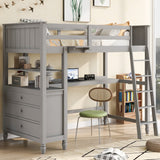 Loft Bed with Drawers and Desk, Wooden Loft Bed with Shelves